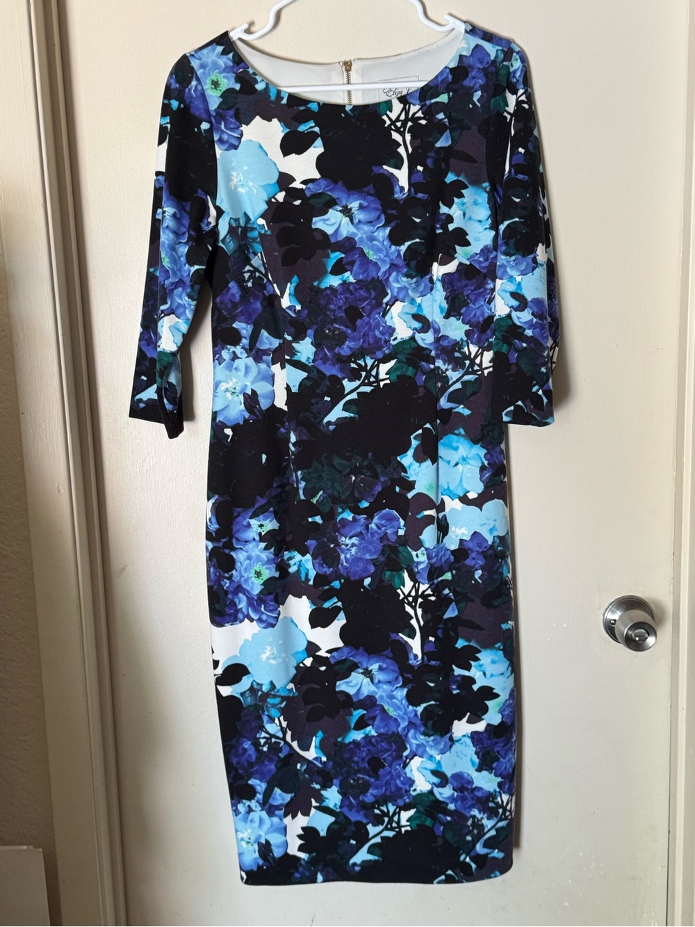 Eliza J Vibrant Floral Midi Sheath Dress Scoop Neck Sz 8 Cocktail Brunch Office